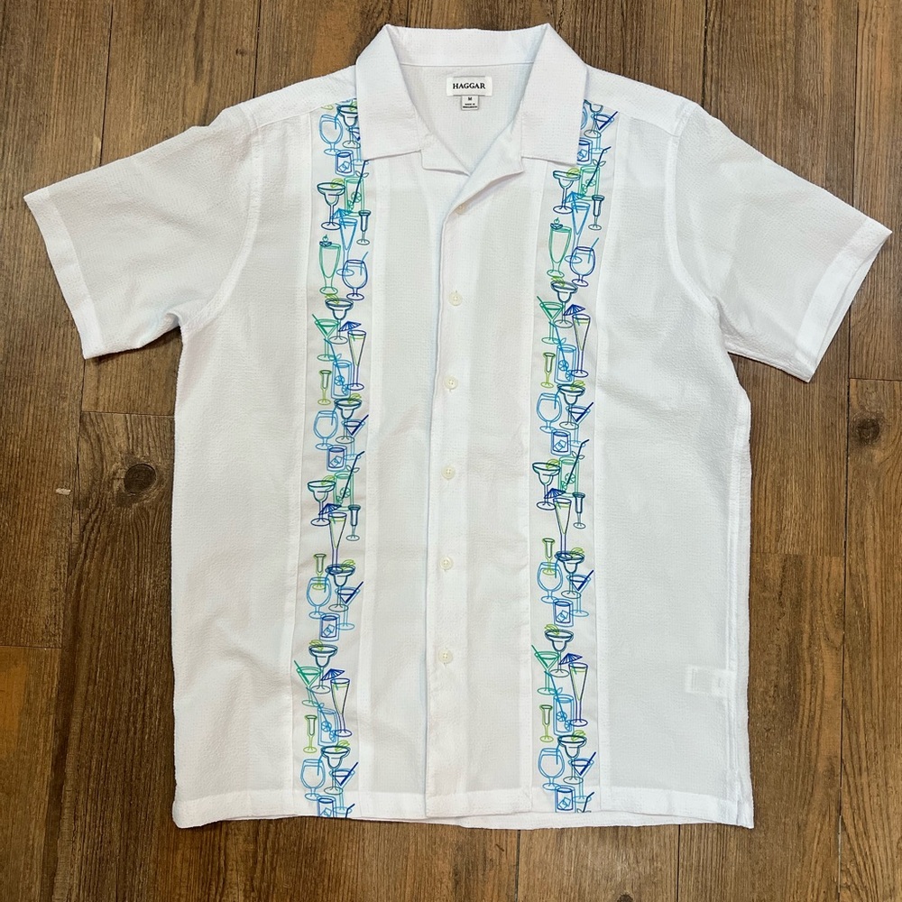HAGGAR White M Casual Button Down Shirt with cocktail accent stripe down front.